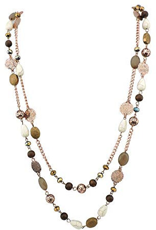 Bocar 14K Gold Plated Link Chain 2 Layer Crystal Wood Acrylic Colorful Women Party Long Necklace Gift (NK-10084-brown)