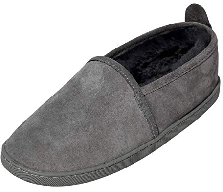 Hollert Damen & Herren Lammfell Hausschuhe Hubert GRAU Fellschuhe 100% Merino Schaffell Echtleder Gummisohle warm atmungsaktiv Schuhgröße EUR 45