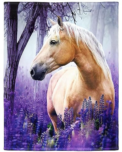 HommomH Pferdedecke, 127 x 152,4 cm, Waldviolett, Blumenmuster, weich, flauschig, Fleece, Überwurf für Sofa und Bett