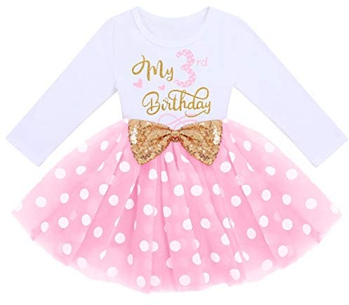 FYMNSI Vestito da bambina in cotone a maniche lunghe, linea ad A, per feste, Pois rosa - Il mio 3 ° compleanno, 3 Anni