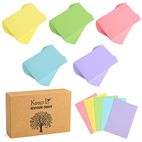 Koogel Coloured Blank Index Cards, A6 Flash Cards 300 PCS Study Notecards Memory Stationery Supplies for Revision Office University Presentation Learning(14.8X 10.5 cm, 5 Farben, 150g/m²)