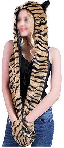 LUNULE Unisex Fellmütze Kunstfell Kapuzenschal Handschuhe Modisch Tiere Bär Panda Wolf Paws Ohren Plüschmütze für Damen & Herren Winter Warme Tiermütze mit Handschuhe Schal Damenhut Thermohandschuhe