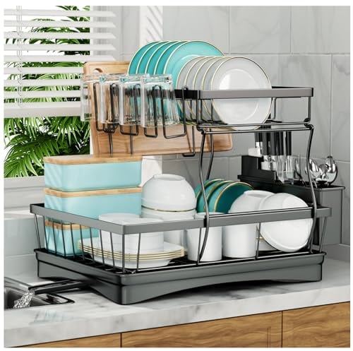7 code Dish Drainer, Large Capacity Draining Board Rack with Utensil Holder, 2-Tier for Kitchen Counter, Black