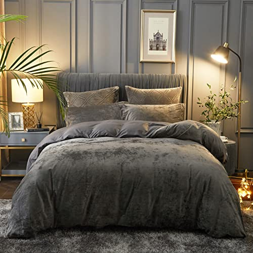 PHF Samt Bettwäsche 155x220, Luxus Flauschig Bettwäsche 155x220 cm mit 2er Kissenbezüge 80x80 cm, Kuschel Velvet Bettbezüge, Grau