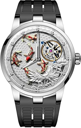 Haofa Karussell Schwungrad Mechanische Herrenuhr Doppelfeder Antrieb 3D Geschnitzte Koi Lotus Diamantbesetzte Mechanische Uhr Manuelle Business Casual Lotus Carp Uhr für Herren 1951