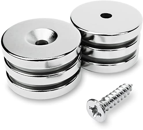 Sensei 6 pezzi Magnete con foro svasato al neodimio 25x4 mm con foro per vite, capacità di carico di 9 kg + 6 viti incluse nella confezione