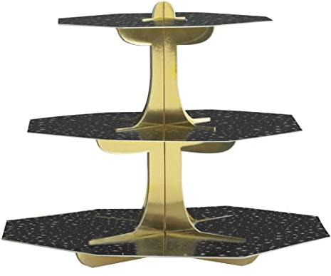 Unique 47990 Black & Gold Tiered Cupcake Stand-1 Count (Pack of 1), Multicolour
