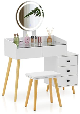 TUKAILAI Schminktisch mit Beleuchtung Spiegel und Hocker, Kosmetiktisch 5 Schubladen, 3 Farben mit Einstellbarer Frisierkommode Frisiertisch, Schminktisch Klein weiß 80x40x138 cm
