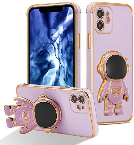 RALEAVO Compatible with iPhone 12 (6.1) Case with Cute Astronaut Kickstand Design Shockproof Plating Phone Case for iPhone 12-Purple