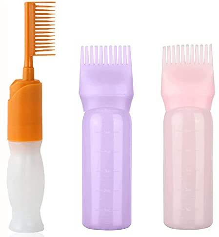 NHCDFA Hair Oil Applicator Bottle, 3pcs Root Comb Dye Coloring Bleach With Graduated Scale, Brush Containers for Home Salon Comb, Pink,purple.you,yellow