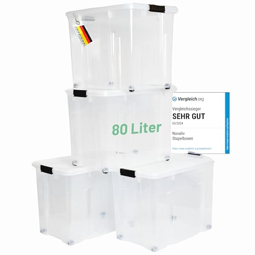 Novaliv 4x Aufbewahrungsboxen mit Deckel Groß 80L transparente nestbar stapelbar mit Clipverschluss Rollboxen Kunststoff BPA-frei 61x40x45 cm
