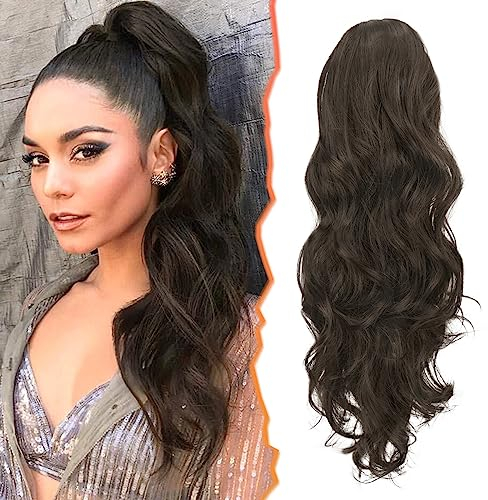 BARSDAR Extension de Queue de Cheval Pince à Griffes, 50 cm Longue Ondulé Clip in Ponytail Extensions de Cheveux Synthétique Bouclé Postiche pour Femmes, Marron Mélanger Chocolat Brun Uniformément