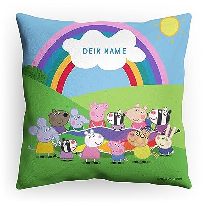 PICANOVA Peppa Wutz Kissen mit Name - Plüsch Dekokissen mit Füllung - Personalisiertes Peppa Wutz Kopfkissen für Kinder - Individuell Geschenk für Kinder - Freunde Regenbogen - 40x40cm