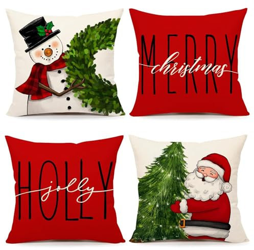 Simpkeely Red Christmas Pillow Covers Set of 4, Festive Farmhouse Christmas Decor, Snowman Wreath Santa Claus Tree Merry Xmas Holly Jolly Winter Throw Cushion Case for Home Sofa – 45 x 45 cm