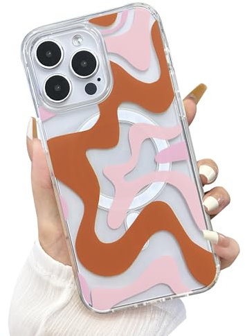 Gihklty Designed for iPhone 15 Pro Case [Compatible with MagSafe], Fashion Simple Cute Wavy Pattern Case for Women Girls Soft TPU+Hard PC Protection Case for iPhone 15 Pro 2023-Brown