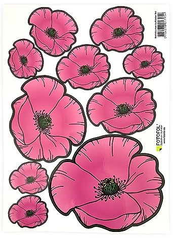 Mohnblumen Aufkleber Set- für Auto, Fahrzeuge, Roller, Moped, Motorrad-Helm, Fahrrad, Laptop, Smartphone - Kühlschrank, Möbel, Mülltonne (Rosa)