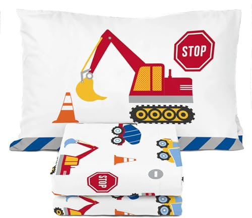 Sunny Side Up Construction Zone Bettwäsche-Set für Doppelbett, 3-teiliges Kinder-Bettwäsche-Set mit Kissenbezug, superweiche LKW-Mikrofaser-Bettlaken