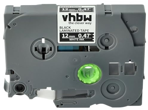 vhbw Schriftband-Kassette kompatibel mit Brother PT H107B, H108, H108GT, H110BK, H200, H105VP, H110 Etiketten-Drucker 8m x 12mm Weiß auf Schwarz