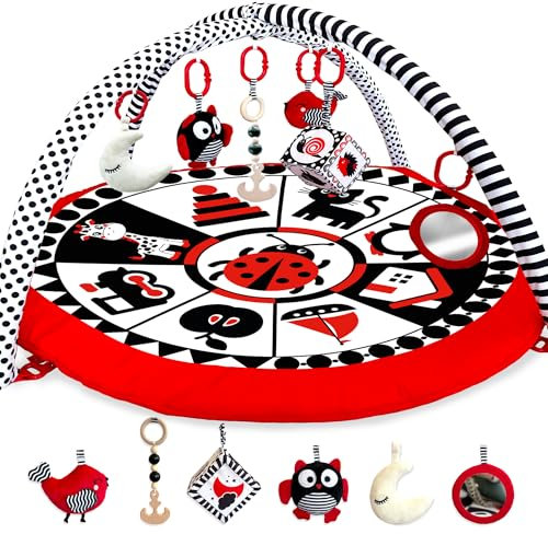 QUOKKA Gepolsterte Baby Spielmatte für den Boden&Tummy Time – Hochkontrast Baby Kick- und Spielmatte – 6 Spielzeuge, Dicke Polsterung, Maschinenwaschbar, Schwarz-Weiß-Rot zur Förderung Sehentwicklung