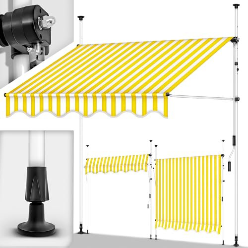tillvex Klemmmarkise mit Handkurbel Balkon | Balkonmarkise ohne Bohren | Markise UV-beständig & höhenverstellbar | Sonnenschutz wasserdicht (Gelb-Weiß, 350cm)