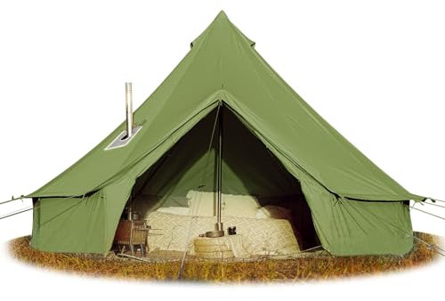 Cotton Canvas Bell Tent - Glamping Yurt with Stove Jack, Waterproof and Breathable Cotton, 4 Season Tent with Zipped Removable Floor (Olive, 5M Diameter)
