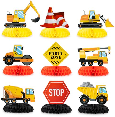 GEBETTER 9 Stück Baustelle Party Deko Tischdeko Kinder Bagger Bienenwabe Mittelstücke Fahrzeuge Dekoration für Geburtstagsparty Mottoparty Kindergeburtstag Geburtstag Partyzubehör Kinderparty