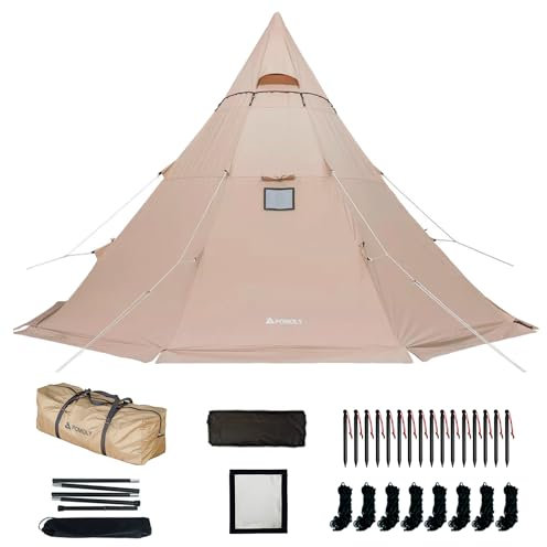 Warmes Campingzelt mit Herd, POMOLY Yarn Octa Kahki, Tipi-Zelt aus Segeltuch mit Herdwagenheber und Innenzelt, für 3 bis 5 Personen, Wandern