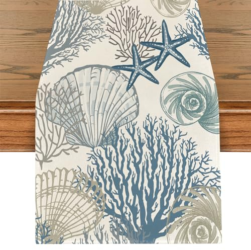 Tarklanda Sommer Ozean Tischläufer Koralle Seestern Muscheln Tropisch Tischläufer Sommer Saisonnal Waschbar Küche Esstisch Dekoration für Drinnen und Draußen Urlaub Party Wohnzimmer Dekor 40x180cm