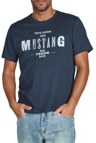 MUSTANG Tshirt Herren Regular Fit Rundhals Kurzarm Sommer Tee Shirt Logoprint Baumwolle, Größe:M, Farbe:Mood Indigo (1004401-5228)