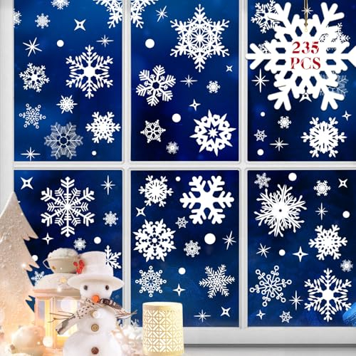 heekpek 235 Stück Schneeflocken Fensterbilder Weihnachten Selbstklebend, Fensteraufkleber Weihnachten Weiß Fensterdeko Winter Wiederverwendbare Fenstersticker Schneeflocken