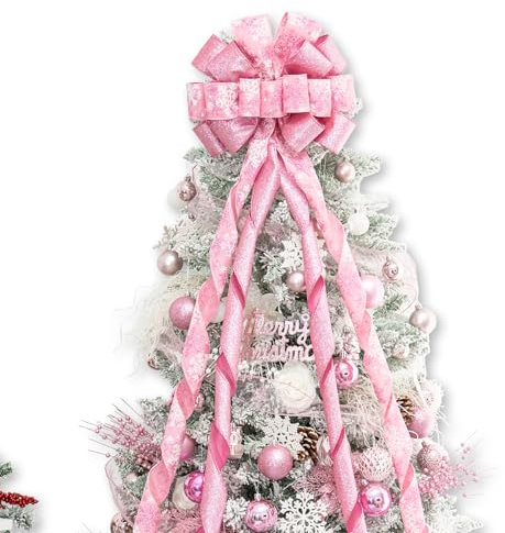 Hismir Christmas Tree Topper - Large Christmas Bow with Glitter Streamer and Patterned Ribbon, Decorative Bows for Xmas Tree Wreath Door Festival Home Decor (Pink Snowflake)
