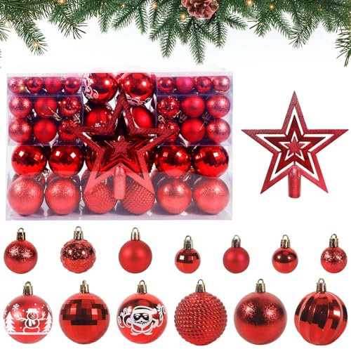 ROELLY 101 Pezzi Palline di Natale, Decorazioni Natalizie, Palline Albero Natale Scintillanti, Palle Natalizie,Appendere L'Albero di Natale,Addobbi Natalizi (Rosso)
