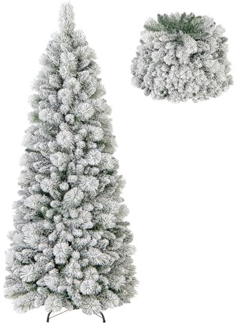 GYMAX Árbol de Navidad Artificial de 150/180 cm, Árbol de Navidad Preiluminado con Nieve, 378/517 Puntas de PVC y Agujas de Pino, 130/170 Luces LED Blancas Cálidas, Soporte Metálico (150 cm)