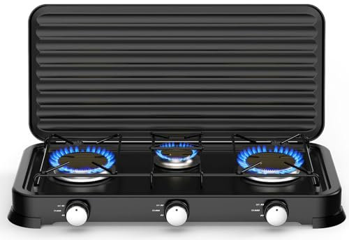 Fornello da campeggio a gas portatile, fornello da campeggio a 3 fuochi a gas portatile con coperchio sicuro, fornello a gas da tavolo in acciaio inossidabile, accensione automatica, solo per GPL