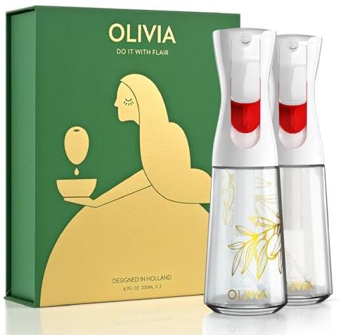 OLIVIA SIGNATURE – Lot de 2 pulvérisateurs d'huile de cuisine avancés avec technologie Flairosol, brume fine et contrôle des portions, flacon pulvérisateur en verre rechargeable pour friteuse à air
