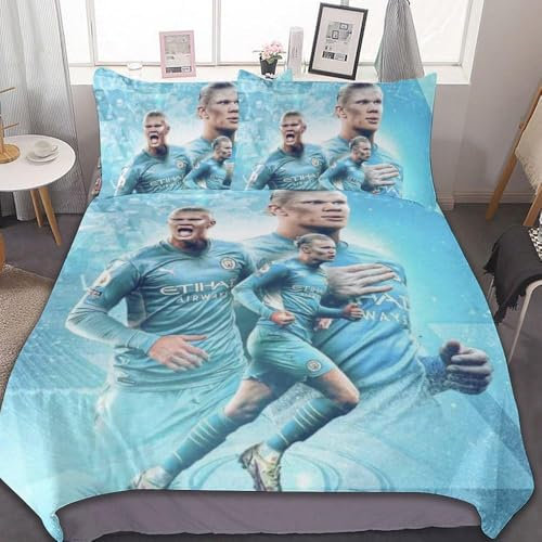 Fußballfan Haaland Bettwäsche 135x200 für Kinder, Jungen Teenager Bettbezug-Set für Einzelbett, Moderne Cartoon Bedruckte Bettbezüge mit Reißverschluss und 2 50x75cm Kissenbezug,x
