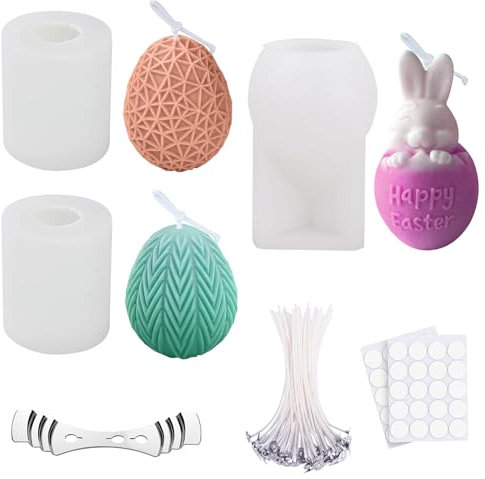 Forbabe 3 STK Silikonform Ostereier, 3D Eierform Kerzengießformen Ostern Hasen Eier Silikonform Kerzenformen zum Gießen mit 50 Kerzendocht 1 Dochthalter und 50 Aufkleber für Duftkerze/Ostergeschenke