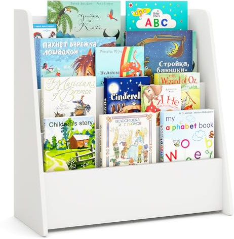 COSTWAY Kinderregal mit 4 Fächern, Bücherregal für Kinder, Zeitungsständer, Aufbewahrungsregal für Kinderzimmer, Spielzimmer, 57,5 x 26,5 x 59 cm (Weiß)