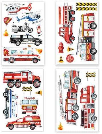 4 PCS Wandtattoo Feuerwehrauto, Wandtattoo Feuerwehr Wandaufkleber Autos Polizei Transporte Fahrzeug Feuerwehrauto Aufkleber, Junge Babyzimmer Wanddeko