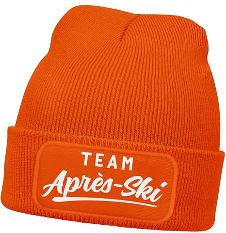 MoonWorks® Damen Beanie Patch Skifahren Strickmütze mit Spruch Team Après Ski Aufdruck Lustig Damenmütze Orange Unisize