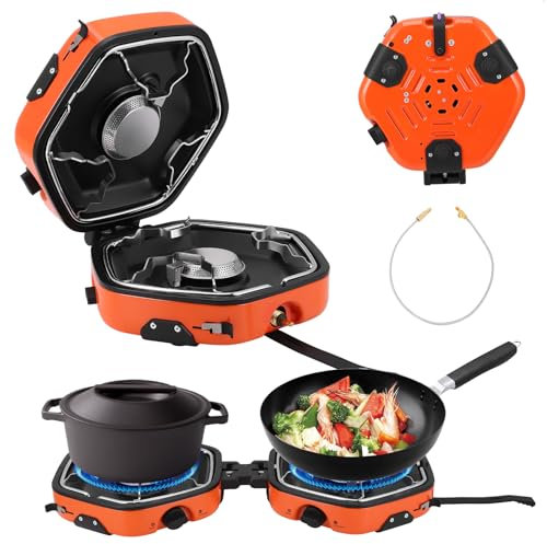 QCXWCJWD 2 Burner Camping Stove with Carrying Bag, Portable Folding Gas Stove for Camping, Backpacking Camp Stove for Outdoor Cooking, With 17,000 BTU Adjustable Burners for BBQ