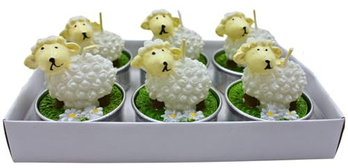 Dekohelden24 Teelicht Schaf, Osterteelicht, Wachskerze Teelicht, Frühlingskerze, Figurenkerze als Schaf aus Wachs, Lieferumfang: 6 einzelne Schafkerzen in Weiß, L/B/H: 4 x 4 x 4 cm.