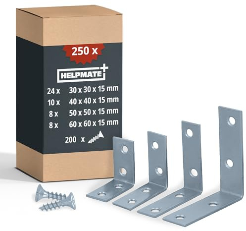 HELPMATE – Juego de escuadras para sillas – 50 escuadras + 200 tornillos | Varios tamaños: galvanizados, protección anticorrosión, con orificios pretaladrados, fáciles de instalar; tornillos incluidos