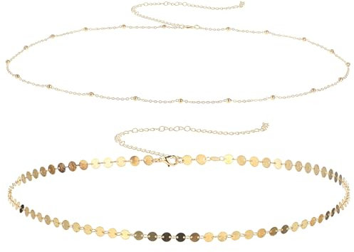 Heclia Lot de 2 chaînes de hanche plaquées or - Chaînes de corps multicouches réglables - Bikini d'été sexy - Perles satellites - Ornements délicats - Plage - Accessoires de ventre - Bijoux érogène
