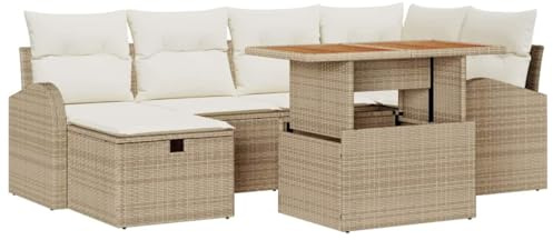 vidaXL Garten-Sofa-Set 7 pcs Beige Poly-Rattan, Garten und Terrasse, modernes Sofaset, langlebige Möbel, rechteckige Entspannungszone, Lounge Gruppe