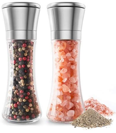 HomeHelpers Salt and Pepper Grinder Set, Adjustable Coarseness Coarse, Tall Glass Salt and Pepper Shakers, Kitchen Set, Kitchen Essentials for New Home