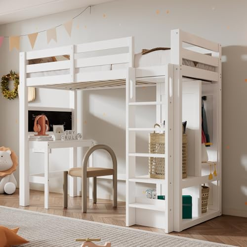 RIAZOS Hochbett 90x200 mit Schreibtisch Offener Kleiderschrank und Regalen Kinderbett mit Lattenrost und Rausfallschutz Etagenbett Stockbett für Jungen Mädchen, ohne Matratze, Weiß