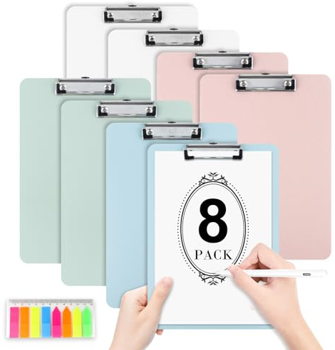 Geila Kunststoff-Klemmbrett mit Stifthalter, 8-teiliges Set aus A4-Klemmbrett und Tischhalter mit Haken, 31,2 x 22,4 cm, geeignet für Büros, Schulen, Krankenhäuser (weiß + pink + grün + blau)