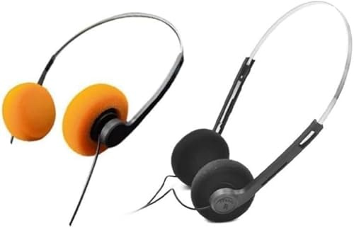 Yjemle 2 Pcs Retro On Ear Headphones, Wired Stereo Headphones, Headphone, Lightweight Portable Headphone with Adjustable Headband, Cassette Player, Over-Ear (Orange and Black)