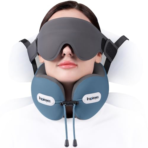 Inspireyes Nackenkissen mit Sitzgurt, Stabiler Halt auf Langstrecken | Flugzeugkissen aus Stützschaum, 3D Schlafmaske, 360° Kopfstütze, Schlafstütze, gegen Kopfnicken, Seeblau
